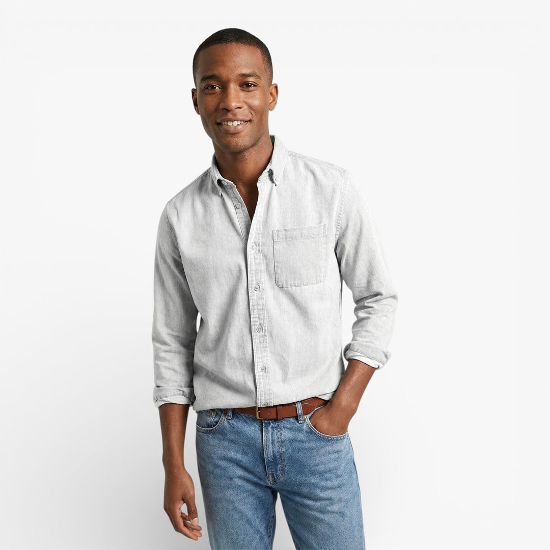 Navy Blue Long-Sleeve Button-Down Shirt for Men