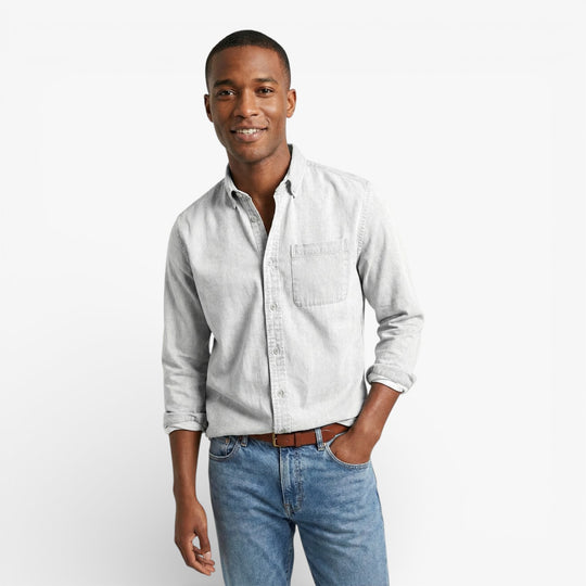 Navy Blue Long-Sleeve Button-Down Shirt for Men