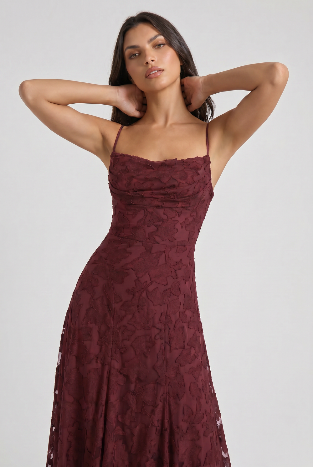 Women's Lace Maxi Dress with Cowl Neck for Evening Occasions