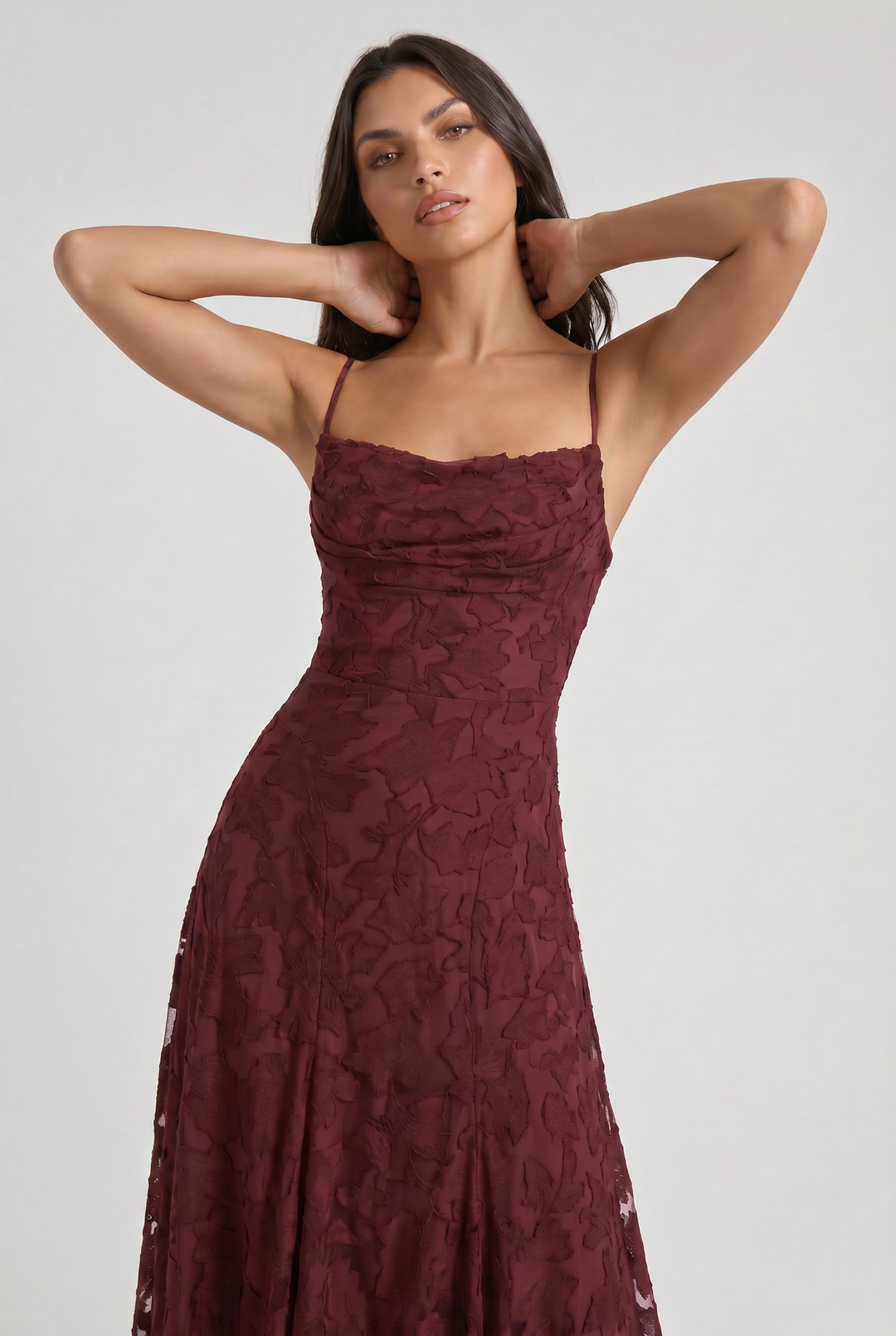Women's Lace Maxi Dress with Cowl Neck for Evening Occasions