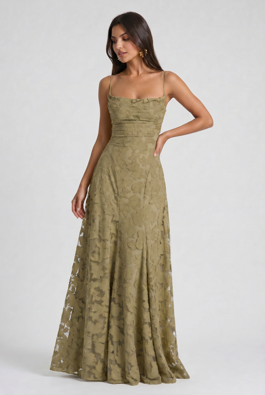 Women's Lace Maxi Dress with Cowl Neck for Evening Occasions