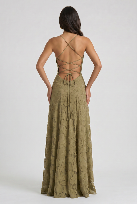Women's Lace Maxi Dress with Cowl Neck for Evening Occasions