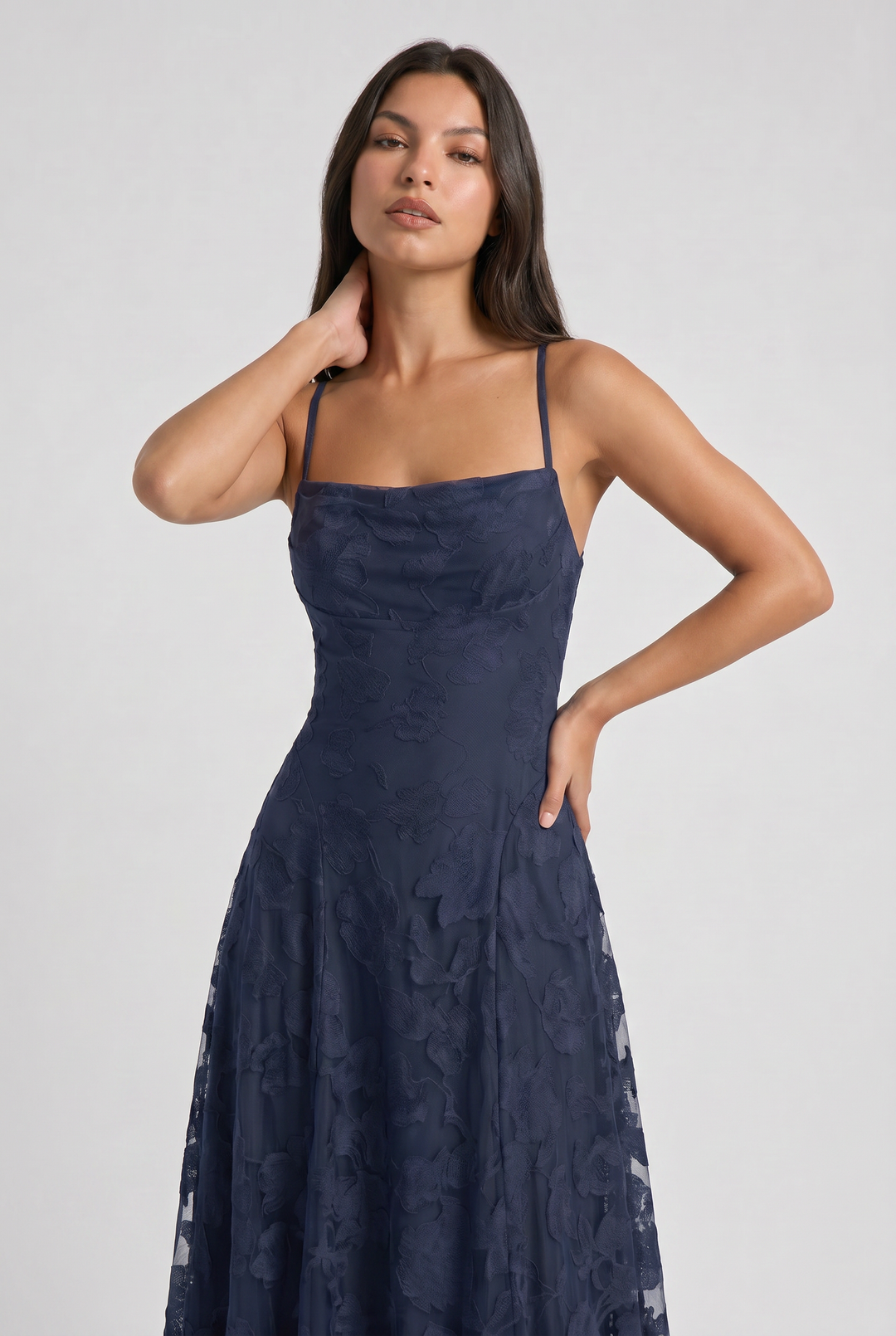 Women's Lace Maxi Dress with Cowl Neck for Evening Occasions