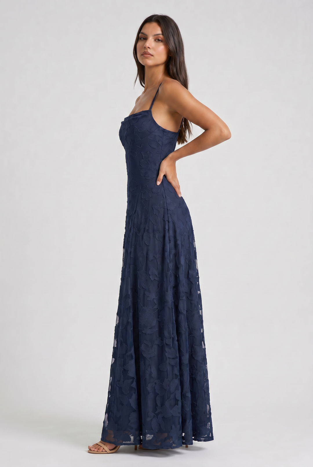 Women's Lace Maxi Dress with Cowl Neck for Evening Occasions