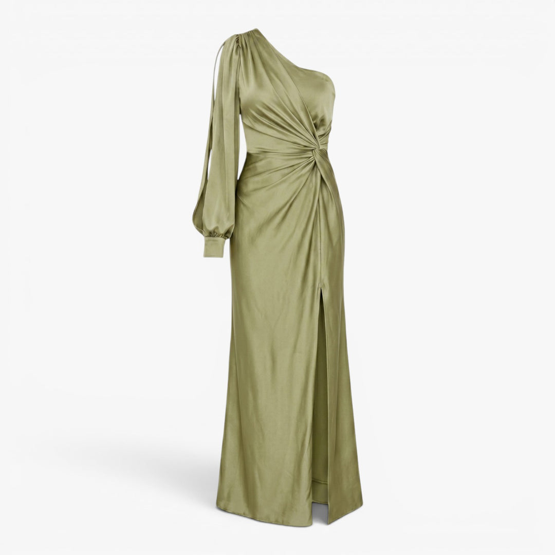 Women’s One Shoulder Satin Maxi Evening Dress with Side Slit