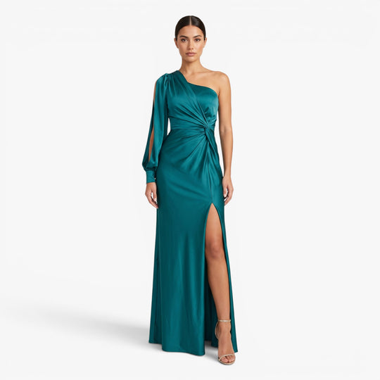 Women’s One Shoulder Satin Maxi Evening Dress with Side Slit