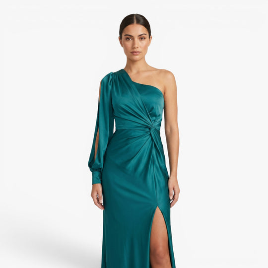 Women’s One Shoulder Satin Maxi Evening Dress with Side Slit