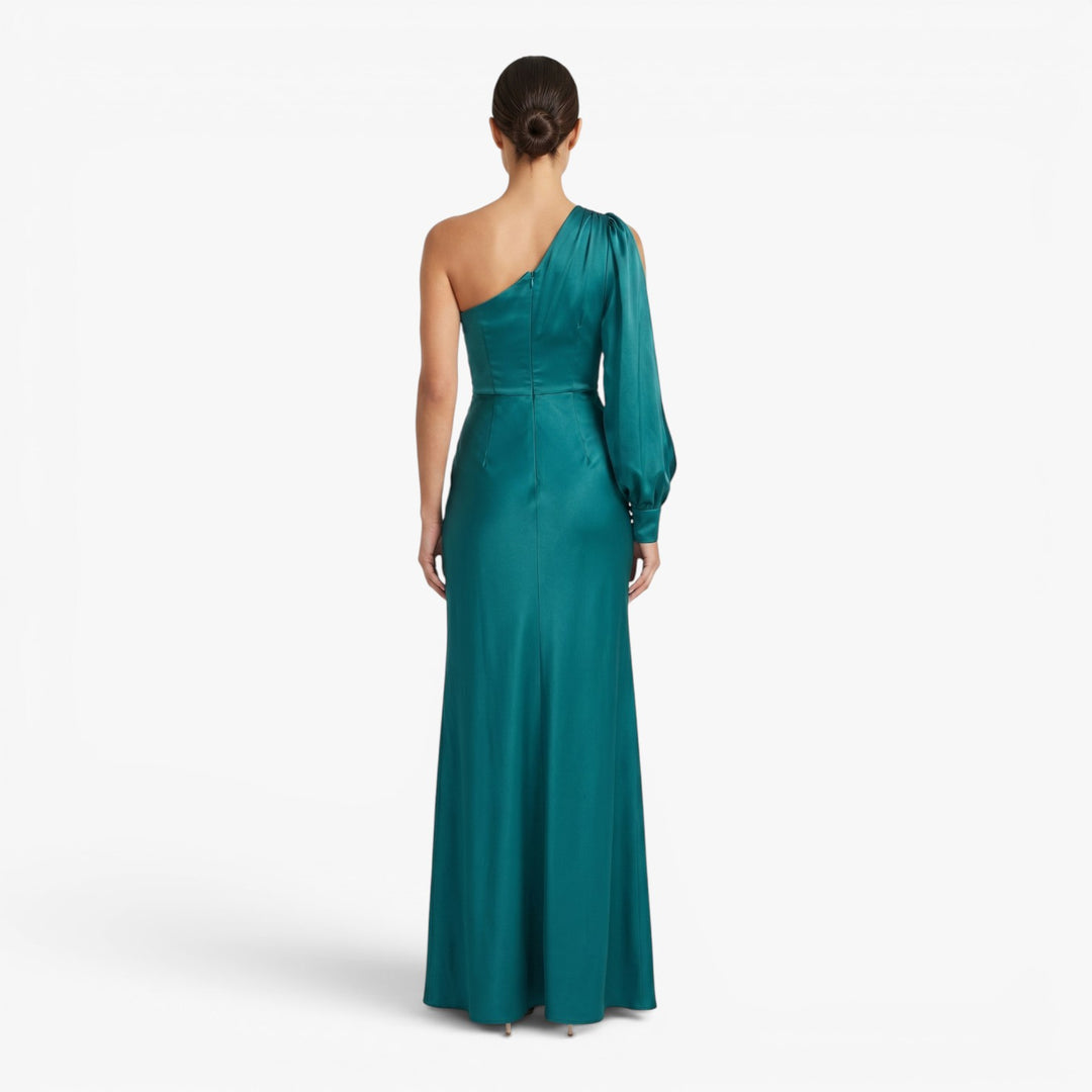 Women’s One Shoulder Satin Maxi Evening Dress with Side Slit