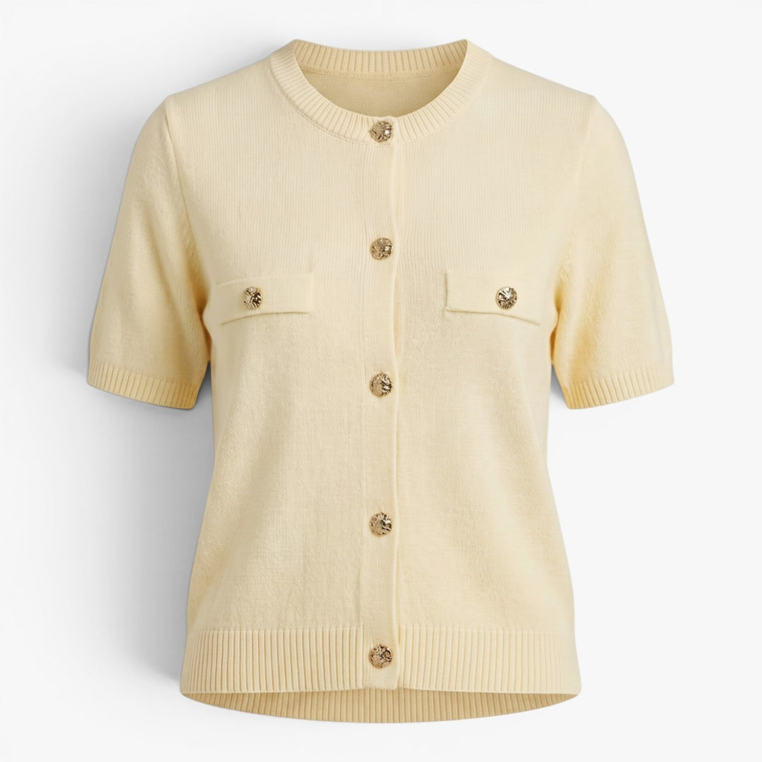 Damen Strick-Cardigan mit kurzen Ärmeln und goldfarbenen Knöpfen