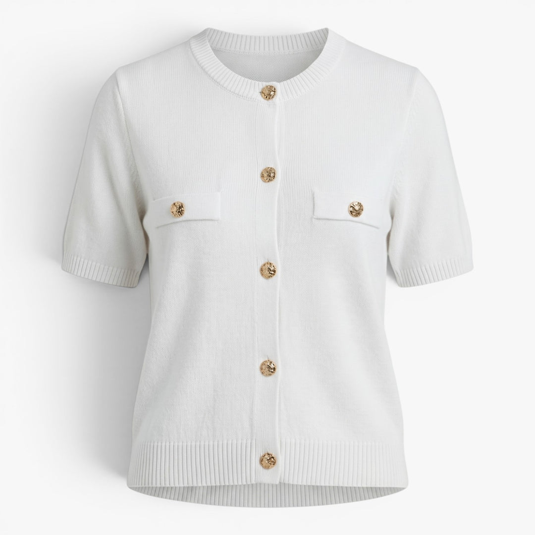 Damen Strick-Cardigan mit kurzen Ärmeln und goldfarbenen Knöpfen