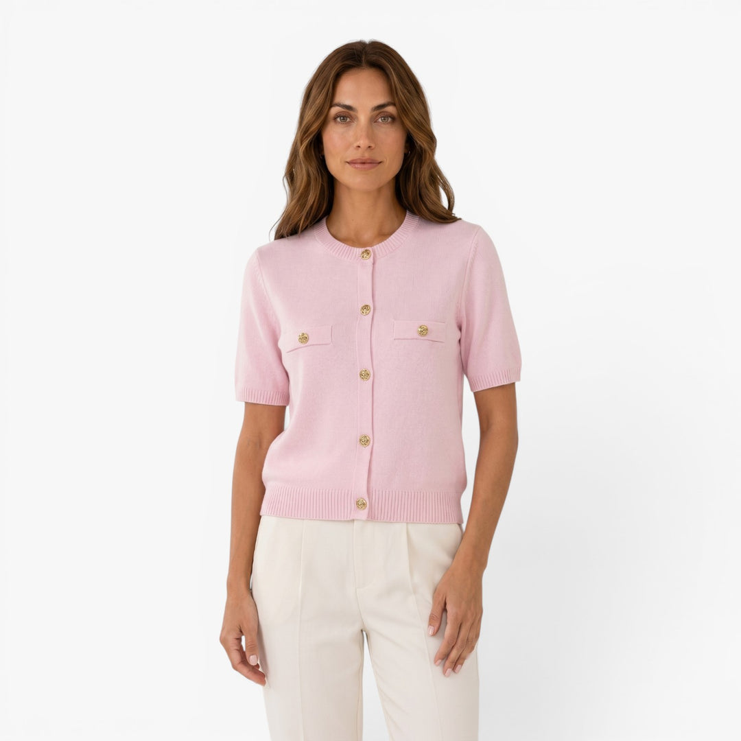 Damen Strick-Cardigan mit kurzen Ärmeln und goldfarbenen Knöpfen