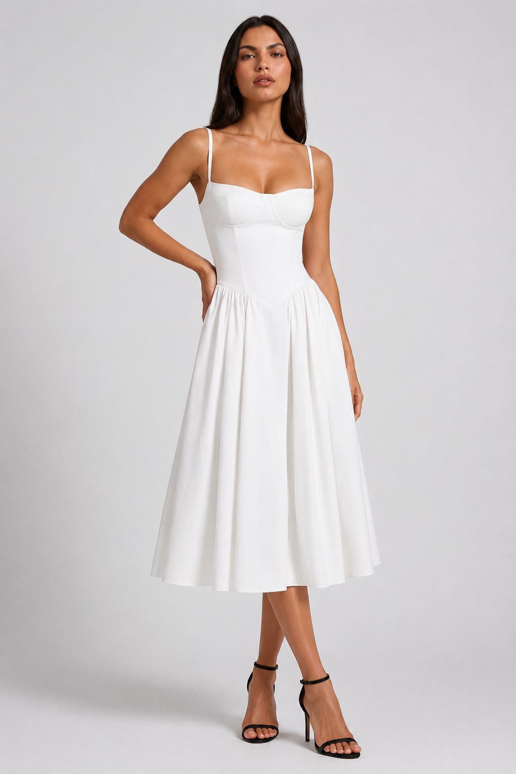 Women's Sweetheart Neck Midi Dress with Fitted Bodice for Elegant Occasions