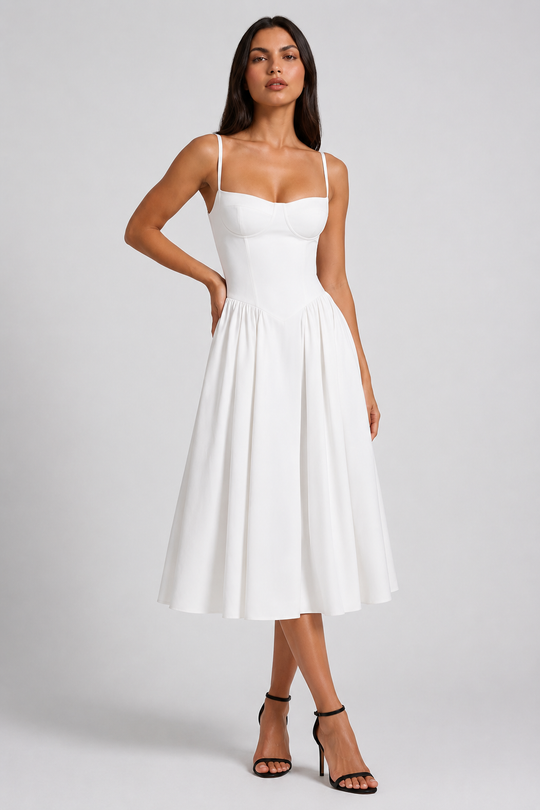 Women's Sweetheart Neck Midi Dress with Fitted Bodice for Elegant Occasions