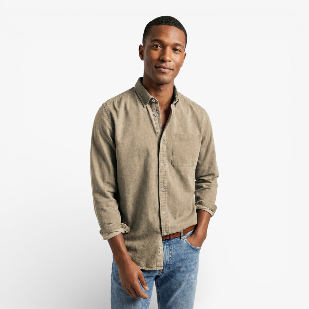 Navy Blue Long-Sleeve Button-Down Shirt for Men