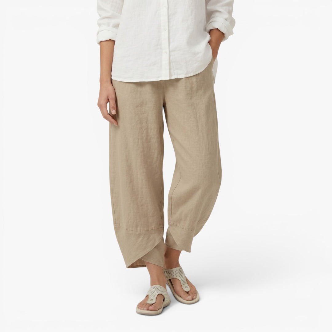 Women's Relaxed Wide Leg Linen Wrap Hem Trousers