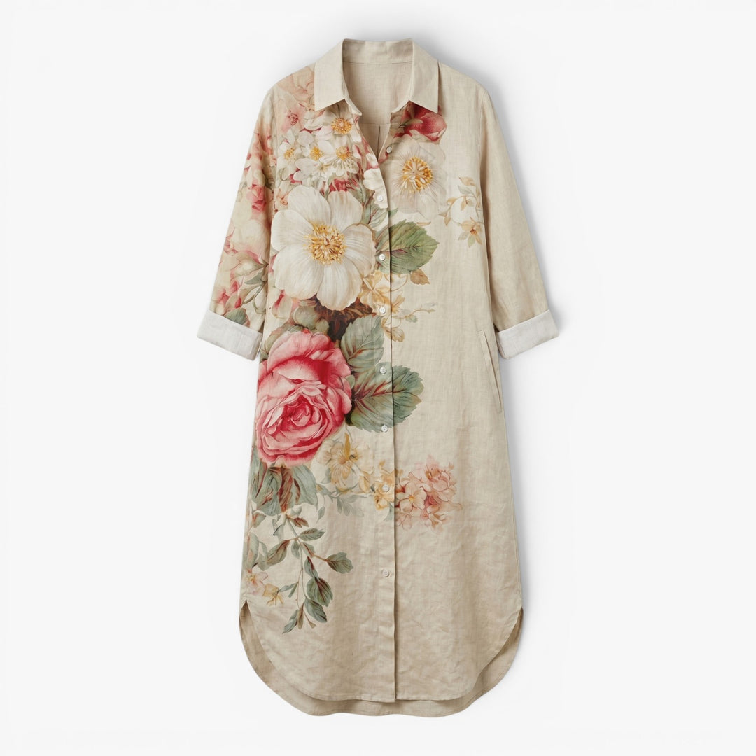 Damen Leinen-Hemdkleid mit Gartenblumenmuster  
