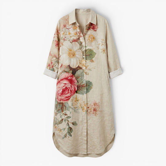 Damen Leinen-Hemdkleid mit Gartenblumenmuster  