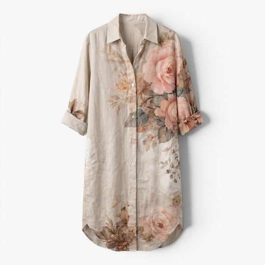 Damen Leinen-Hemdkleid mit Gartenblumenmuster  