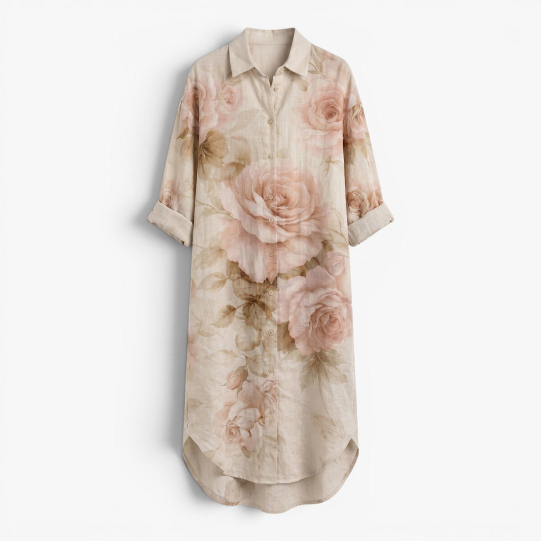 Damen Leinen-Hemdkleid mit Gartenblumenmuster  