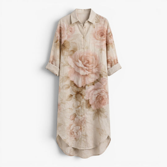 Damen Leinen-Hemdkleid mit Gartenblumenmuster  