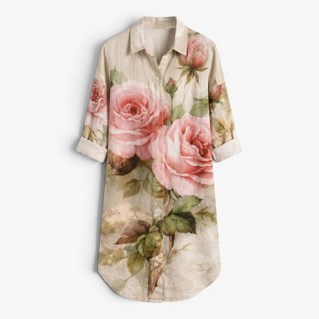 Damen Leinen-Hemdkleid mit Gartenblumenmuster  