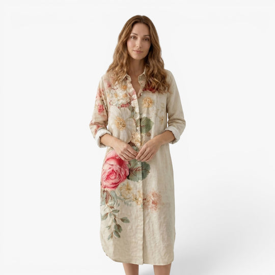 Damen Leinen-Hemdkleid mit Gartenblumenmuster  