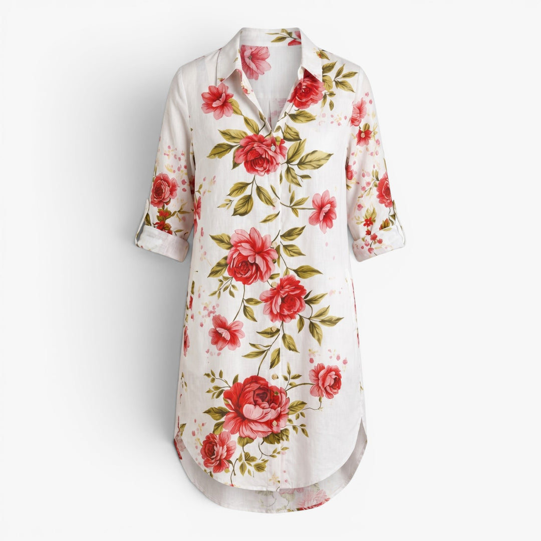 Damen Leinen-Hemdkleid mit Gartenblumenmuster  