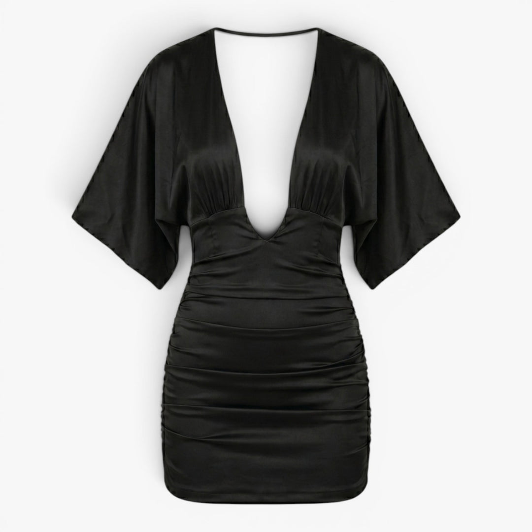 Women's Deep Plunge Satin Mini Dress with Batwing Sleeves