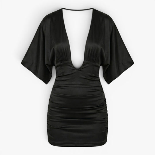 Women's Deep Plunge Satin Mini Dress with Batwing Sleeves