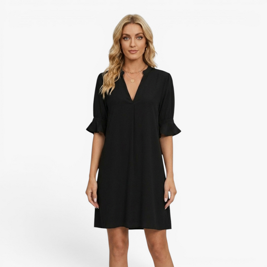 Women’s V-Neck Shift Dress with Relaxed Fit and Flared Sleeves