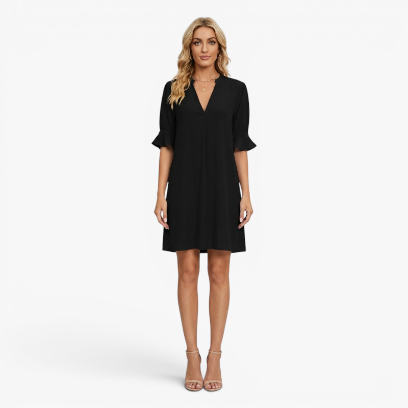 Women’s V-Neck Shift Dress with Relaxed Fit and Flared Sleeves