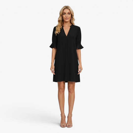 Women’s V-Neck Shift Dress with Relaxed Fit and Flared Sleeves