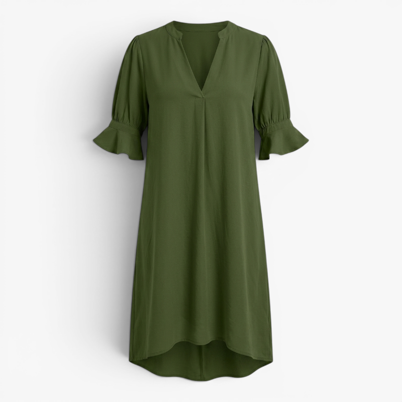 Women’s V-Neck Shift Dress with Relaxed Fit and Flared Sleeves