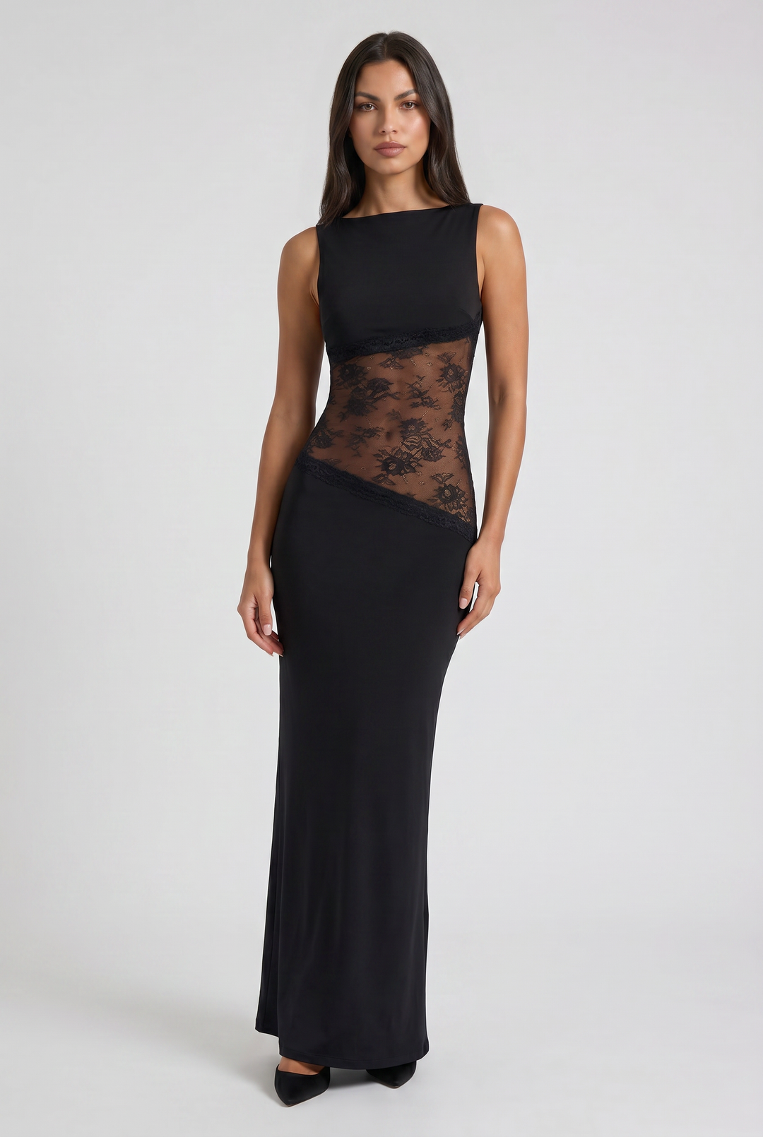 Women's Sleeveless Maxi Dress with Floral Lace Illusion Waist for Evening Occasions