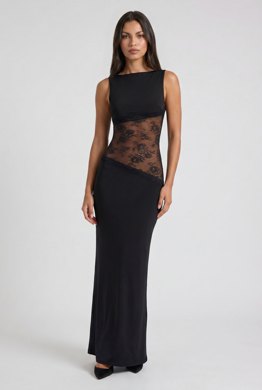 Women's Sleeveless Maxi Dress with Floral Lace Illusion Waist for Evening Occasions
