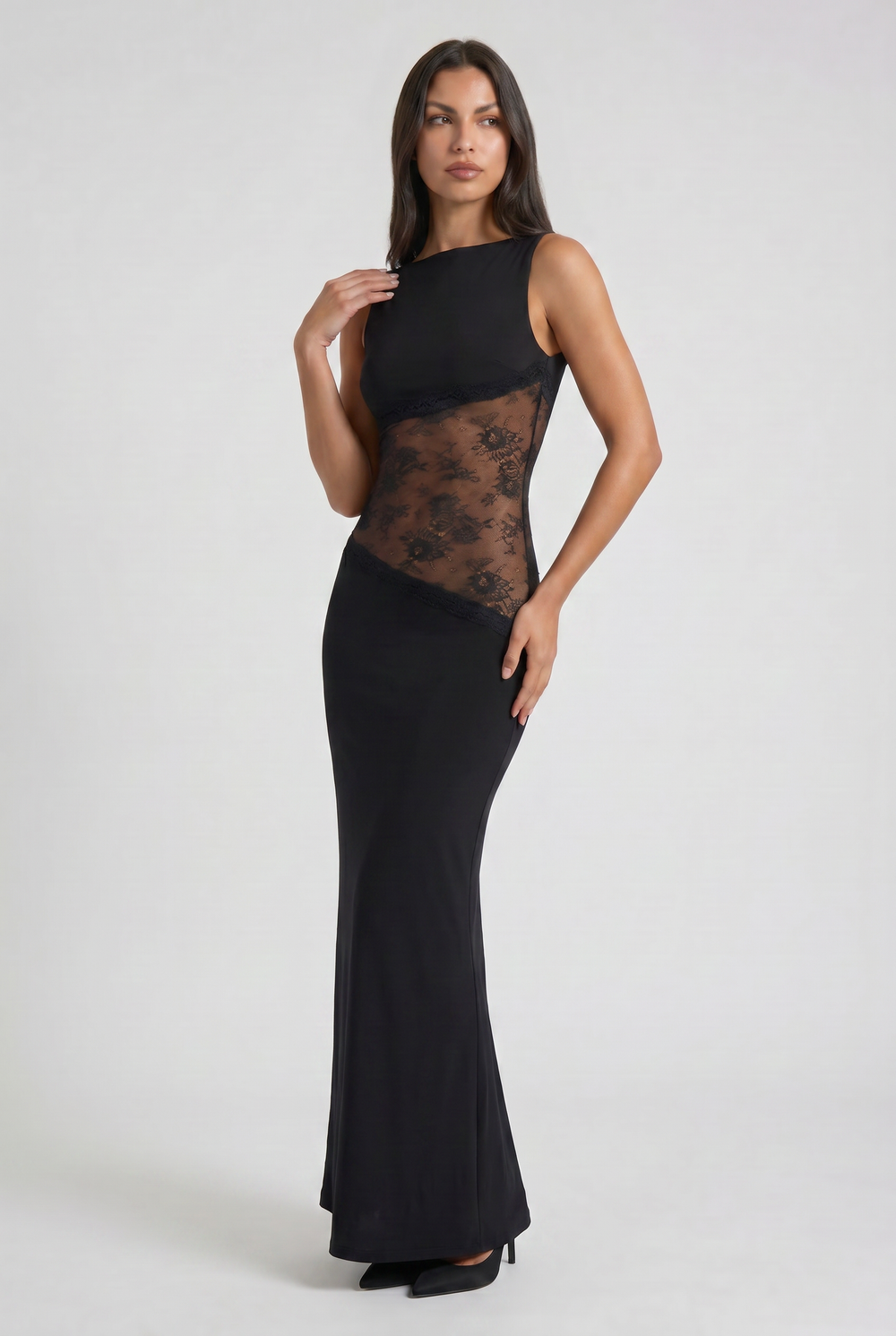 Women's Sleeveless Maxi Dress with Floral Lace Illusion Waist for Evening Occasions