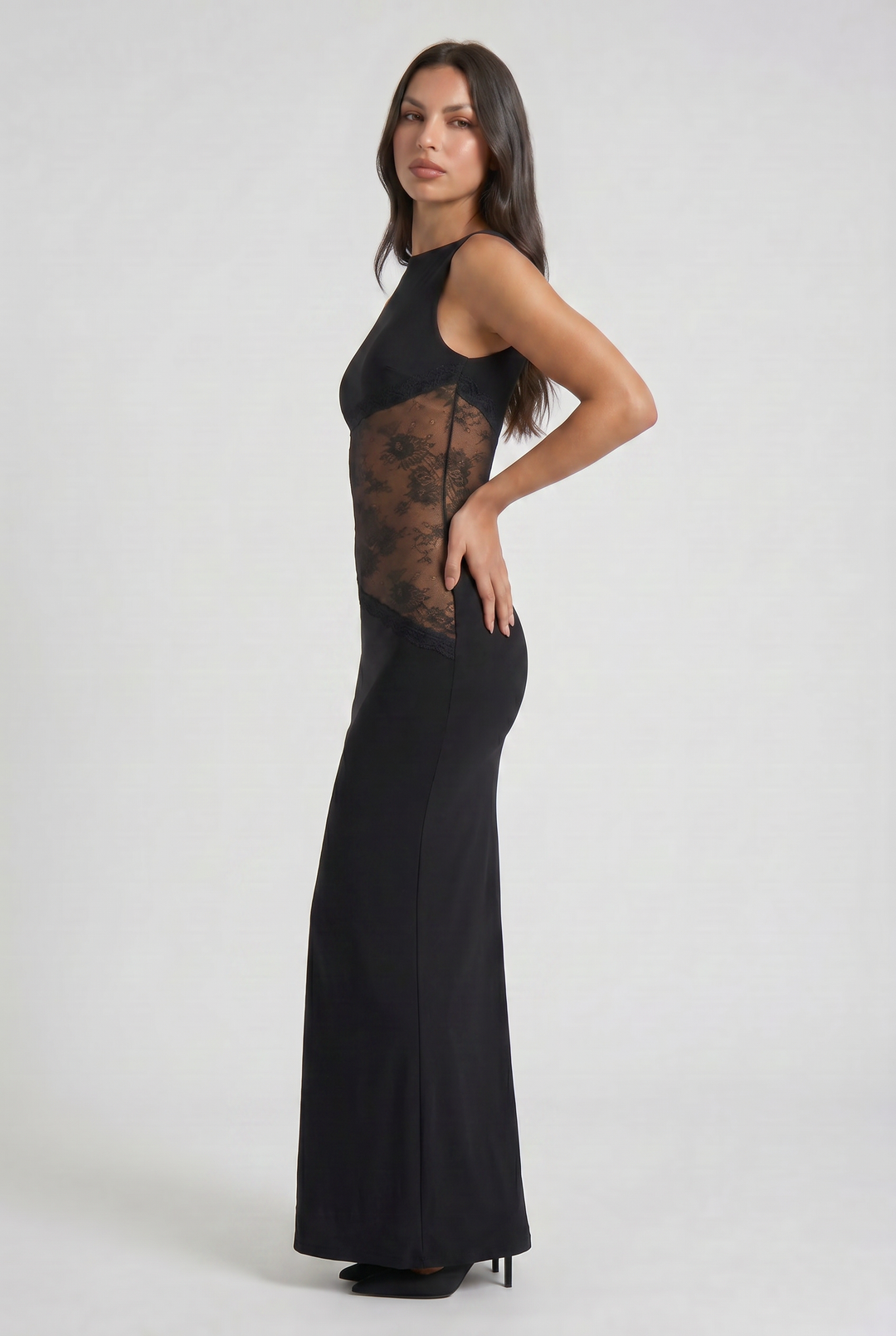 Women's Sleeveless Maxi Dress with Floral Lace Illusion Waist for Evening Occasions