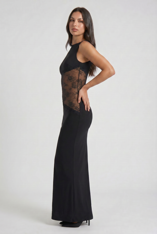 Women's Sleeveless Maxi Dress with Floral Lace Illusion Waist for Evening Occasions