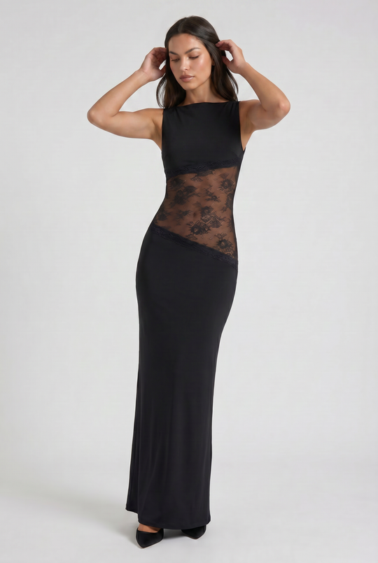 Women's Sleeveless Maxi Dress with Floral Lace Illusion Waist for Evening Occasions