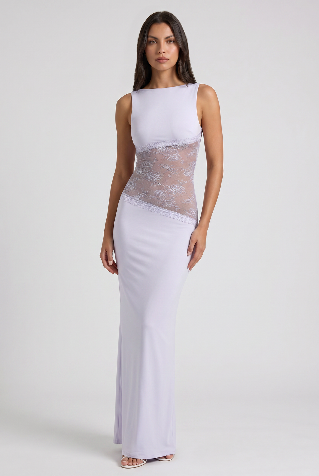Women's Sleeveless Maxi Dress with Floral Lace Illusion Waist for Evening Occasions