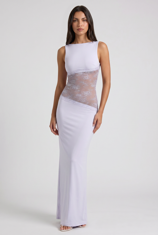 Women's Sleeveless Maxi Dress with Floral Lace Illusion Waist for Evening Occasions