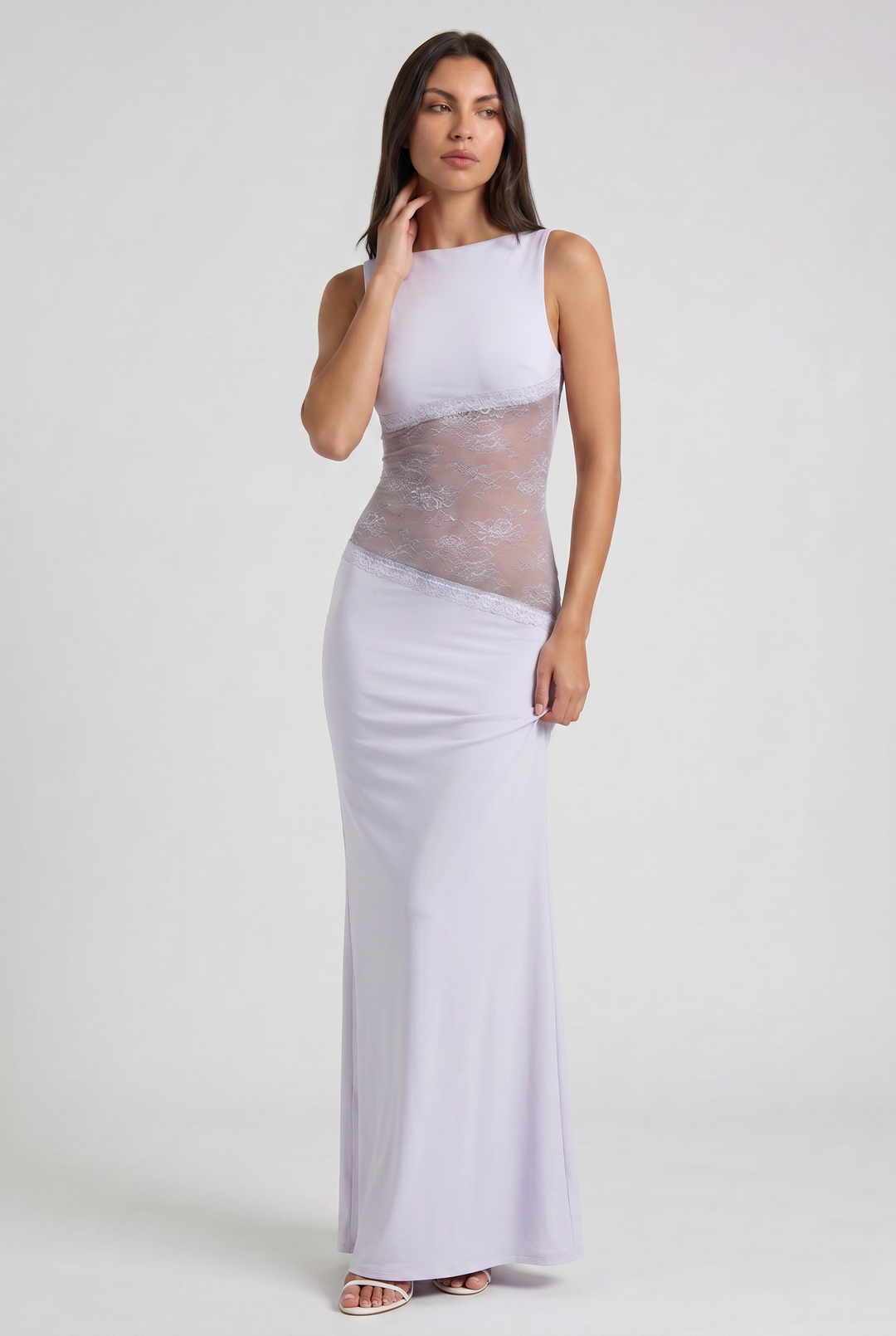 Women's Sleeveless Maxi Dress with Floral Lace Illusion Waist for Evening Occasions