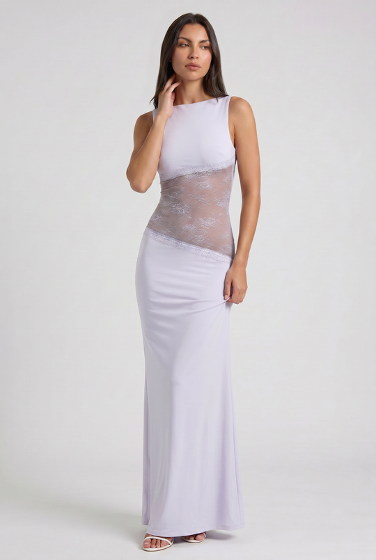 Women's Sleeveless Maxi Dress with Floral Lace Illusion Waist for Evening Occasions