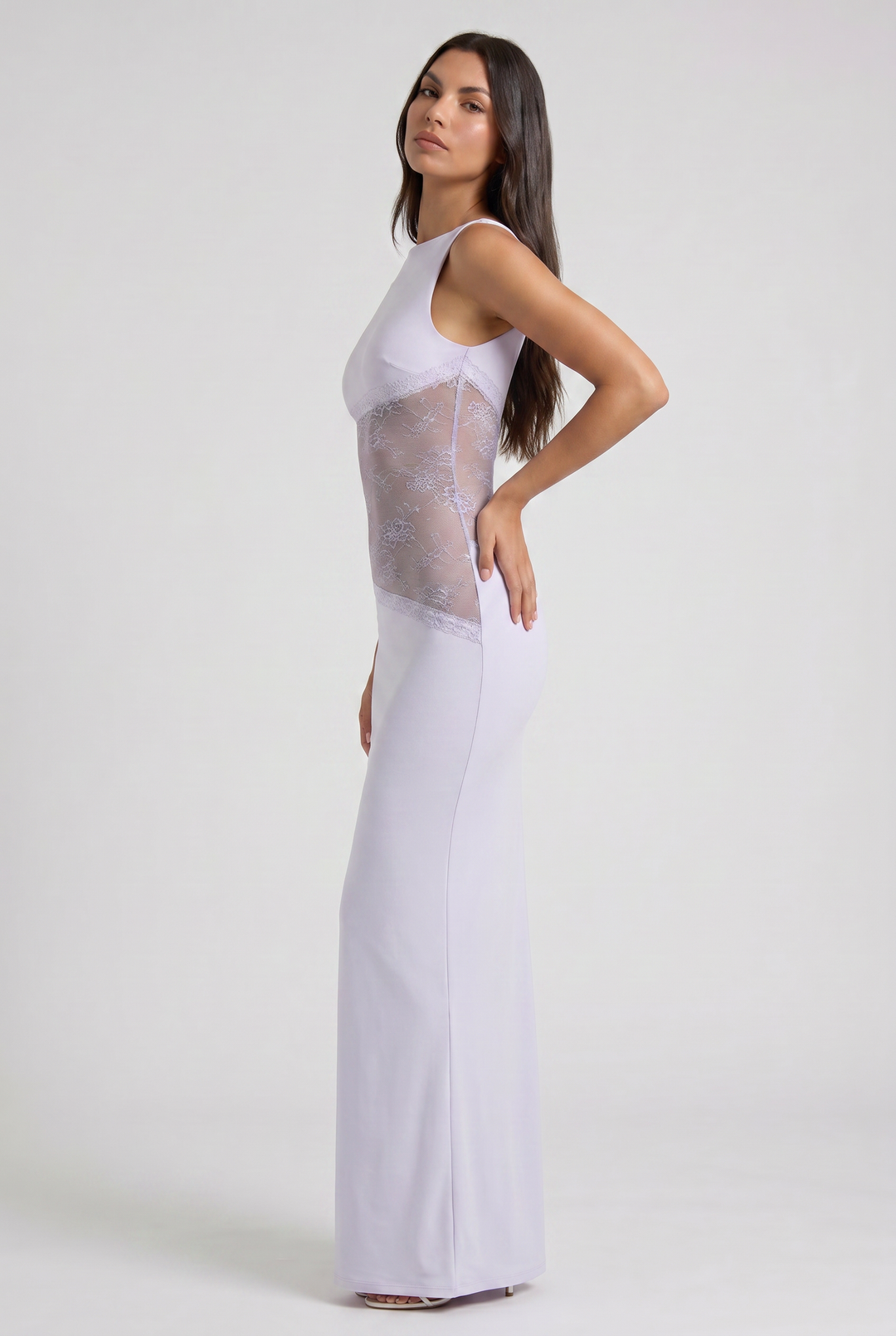 Women's Sleeveless Maxi Dress with Floral Lace Illusion Waist for Evening Occasions