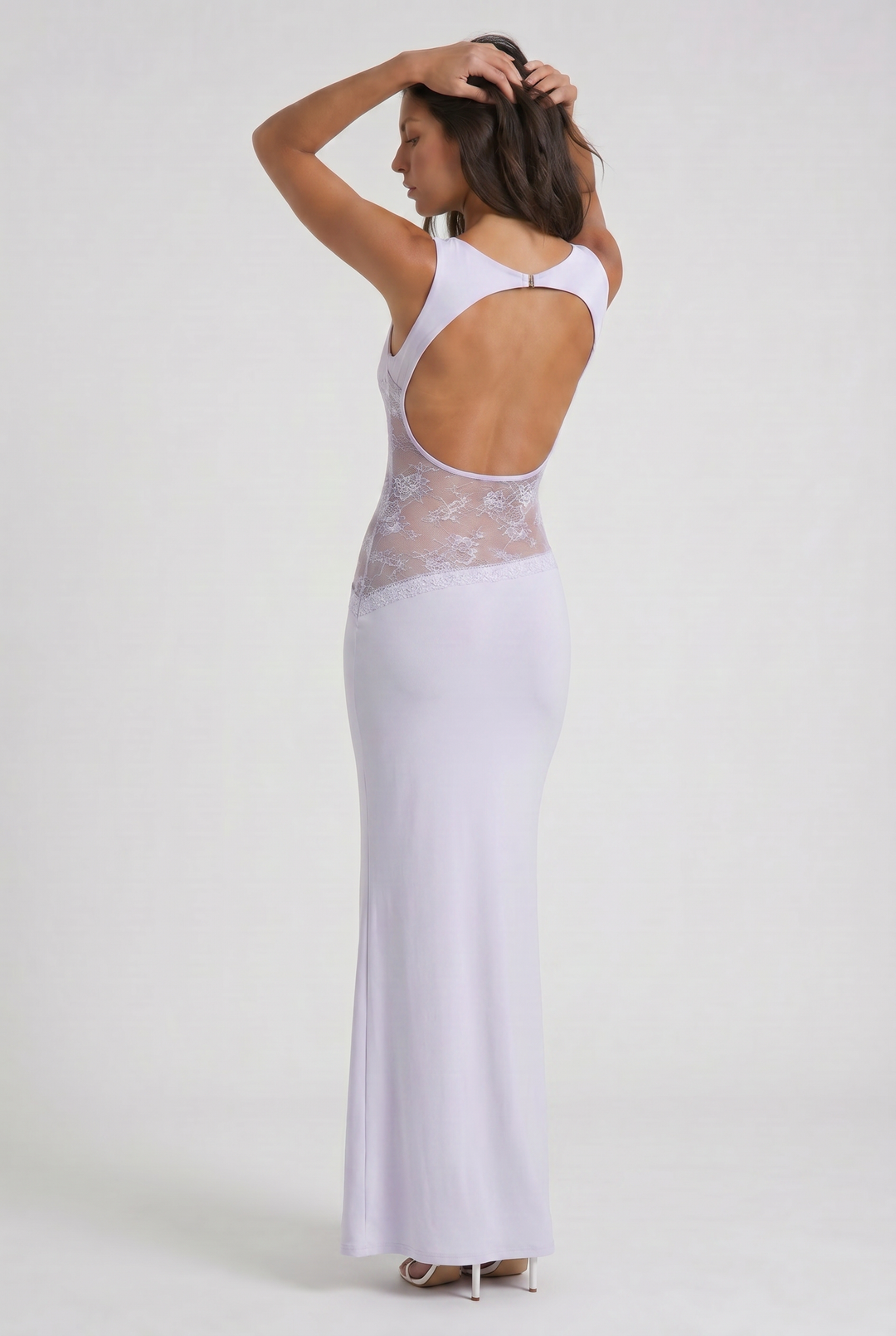 Women's Sleeveless Maxi Dress with Floral Lace Illusion Waist for Evening Occasions