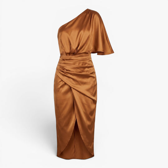 Women’s One Shoulder Satin Midi Dress with Ruched Waist