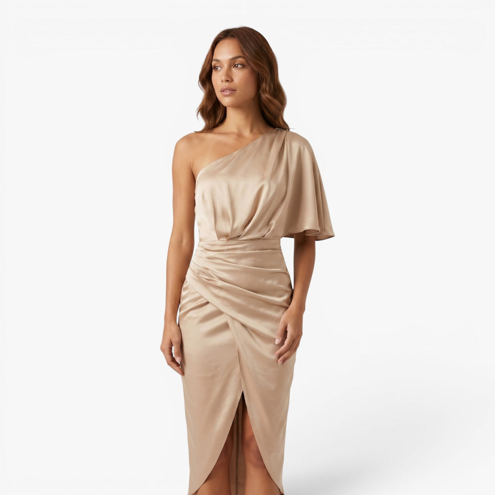 Women’s One Shoulder Satin Midi Dress with Ruched Waist
