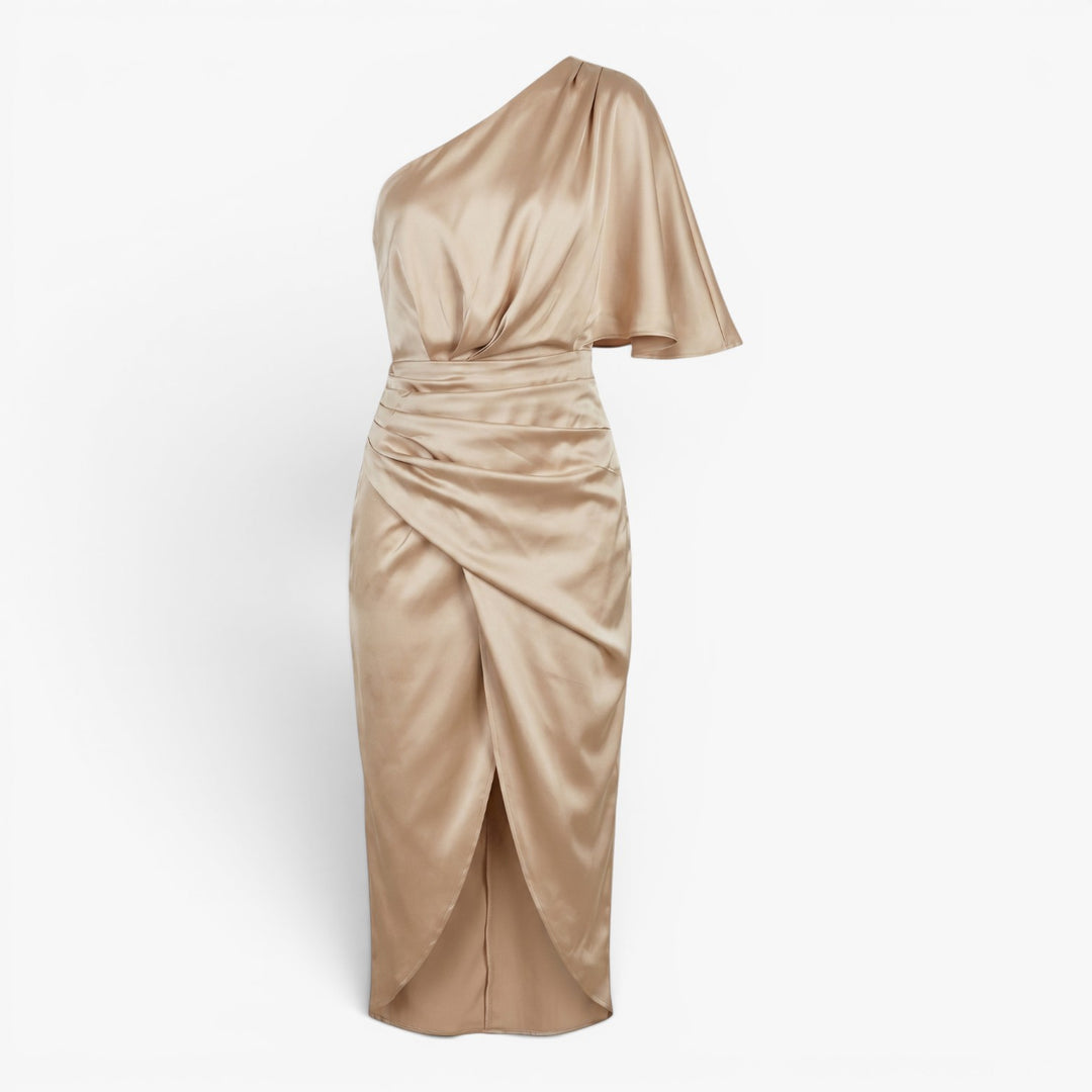 Women’s One Shoulder Satin Midi Dress with Ruched Waist