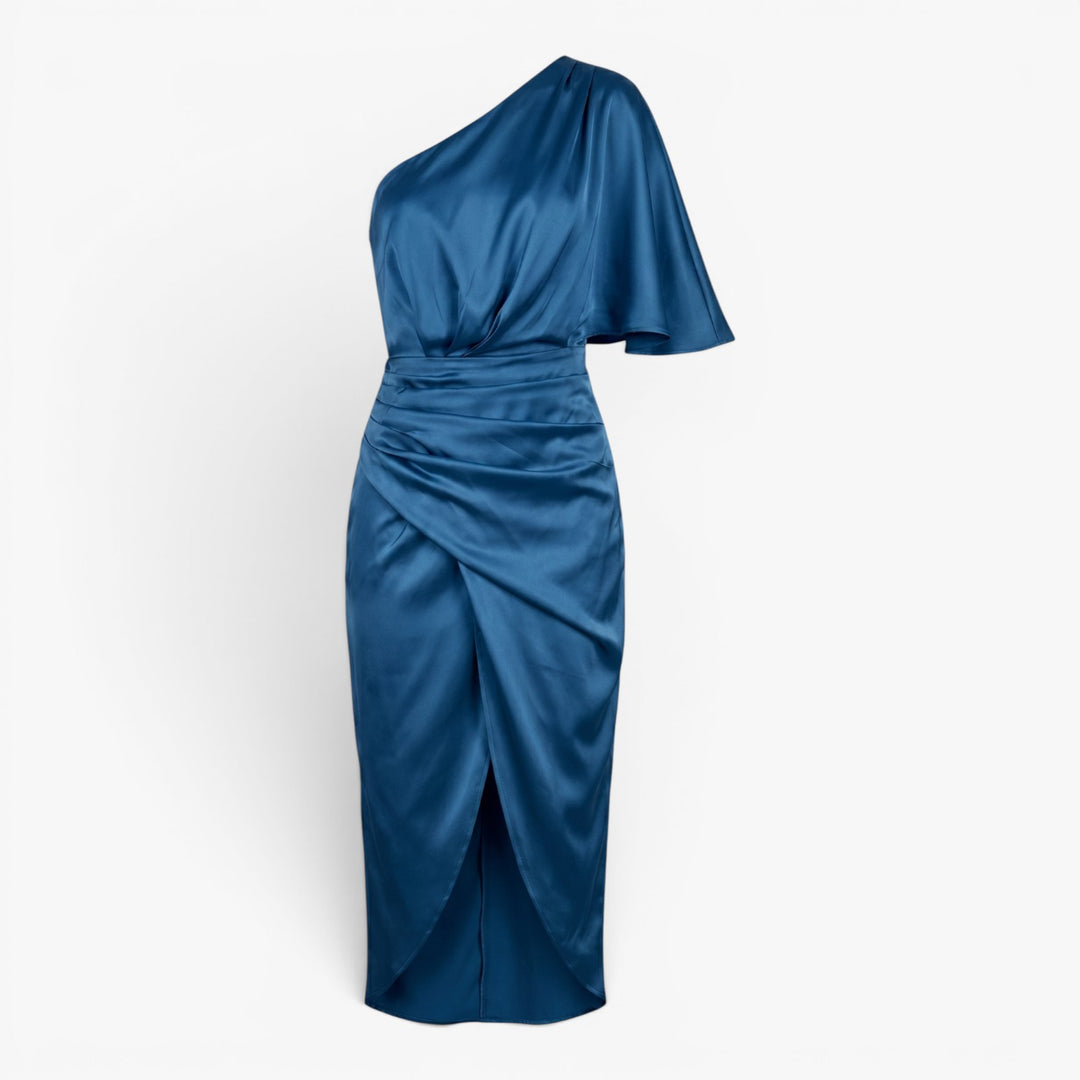Women’s One Shoulder Satin Midi Dress with Ruched Waist