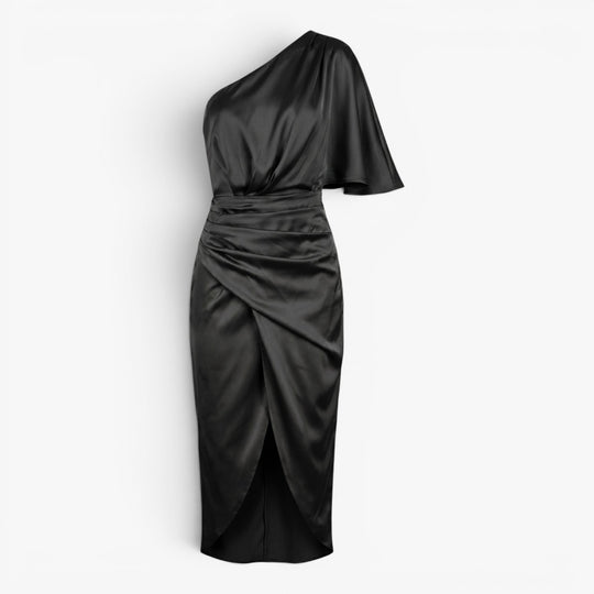 Women’s One Shoulder Satin Midi Dress with Ruched Waist